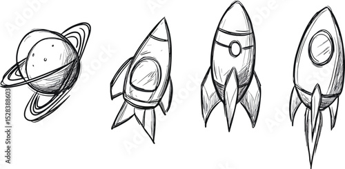 Hand-drawn space vectors planet and rockets spaceship spacecraft exploration cosmos universe galaxy astronomy science fiction sketch doodle drawing isolated illustration set clip art graphic design