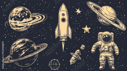 Space Vector Pack astronaut rocket planets stars spaceman universe galaxy solar system exploration adventure cosmos celestial science fiction fantasy vintage retro monochrome hand drawn engraved