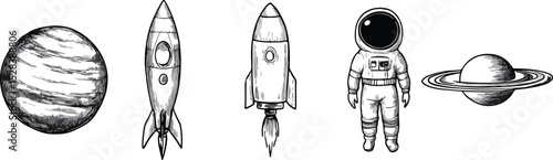 Space Travel Vector Illustration Set featuring Jupiter Planet Spaceship Rocket Launch Astronaut Saturn Planet Galaxy Exploration Universe Cosmos Science Fiction Hand Drawn Sketch Style Graphic Design