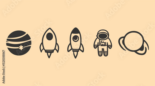 Space Travel Icons Set Planet Rocket Astronaut Galaxy Exploration Universe Adventure Cosmos Spaceship Vector Illustration Graphic Design Clipart Silhouette Doodle Cartoon Simple Minimalist Modern