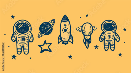 Set of space vectors astronaut rocket planets and stars cosmos exploration galaxy adventure universe solar system science fiction hand drawn doodle vector illustration isolated on yellow background