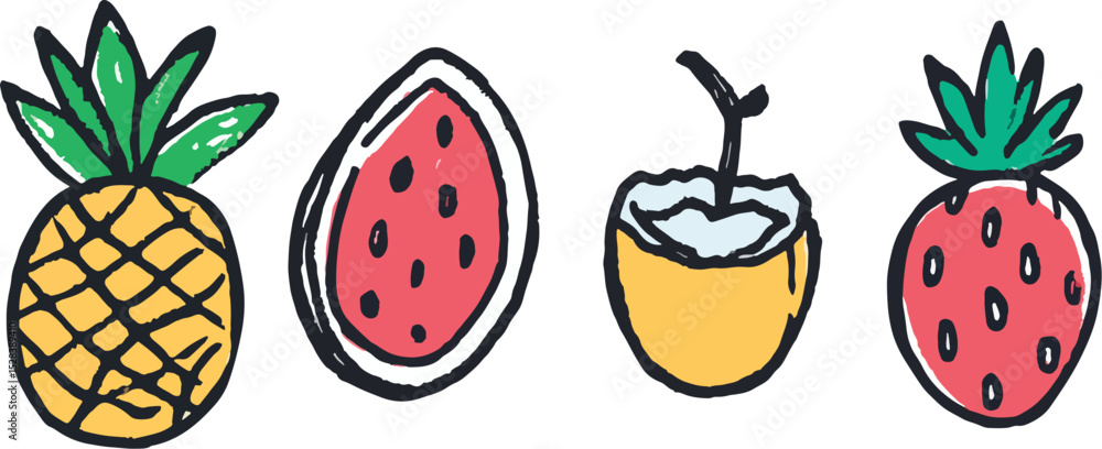 Fototapeta premium Hand Drawn Doodle Fruits Set Pineapple Watermelon Coconut Strawberry Tropical Summer Fruits Illustration Vector Graphic Design Element Isolated on White Background for Food Menu Decoration Restaurant