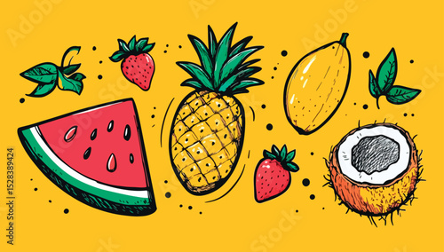 Set of summer tropical fruits vector illustration pineapple watermelon coconut strawberry and papaya with yellow background healthy food doodle art for banner poster menu or social media post