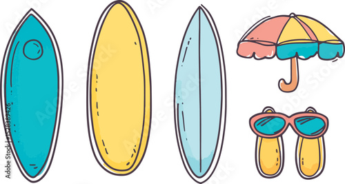 Photography Summer beach vibes vector illustration set Surfboards sunglasses beach umbrella