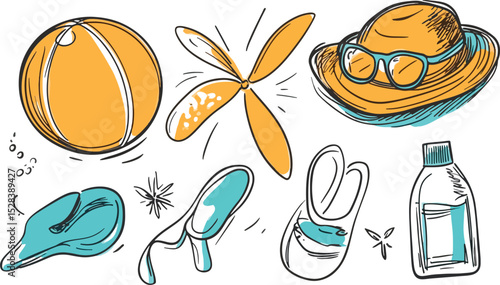 Summer Vacation Essentials Hand Drawn Vector Set Beach Ball Sunglasses Hat Sunscreen Lotion Flip Flops Airplane Propeller and Ice Cream Ideal for Travel Blogs Websites and Social Media Posts