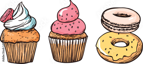 Set of vector desserts cupcakes with cream and strawberry donut with glaze and macaroon sweet pastries menu design elements for bakery cafe or restaurant hand drawn sketch illustration isolated
