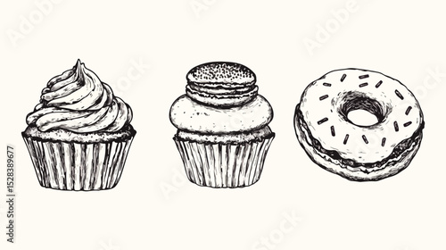 Hand-drawn vector illustration of delicious desserts cupcake with cream macaroon and donut with chocolate sprinkles vintage style bakery illustration for menu cafe or restaurant design sweet pastries