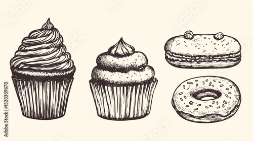 Hand-drawn vector illustration of sweet treats cupcake muffin donut and macaroon sketch style dessert food illustration for menu cafe or restaurant design vintage engraving style confectionery
