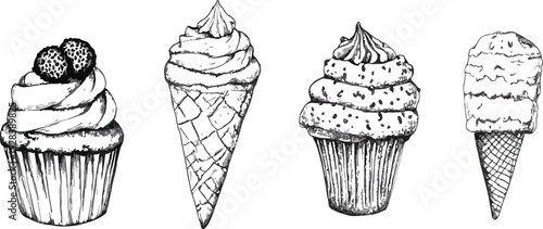 Hand-drawn vector illustration set of desserts isolated on white background Cupcake with cream Ice cream in waffle cone Sweet food sketch doodle style design for cafe menu label logo badge sticker