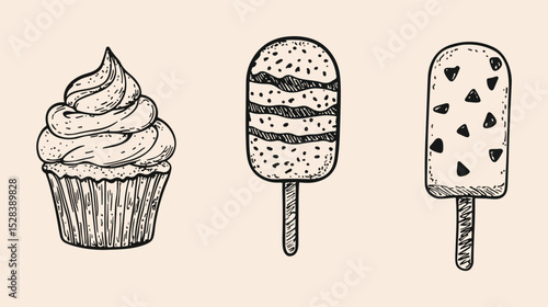 Hand-drawn vector illustration of cupcake and ice cream popsicles isolated on beige background sweet treats dessert food sketch doodle style perfect for menu cards cafe restaurant designs packaging