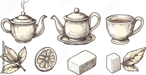 Hand-drawn tea set vector illustration Teapot teacup sugar lemon and mint leaves Vintage tea time sketch engraving style Hot beverage clipart for menu cafe branding packaging design Tea party concept