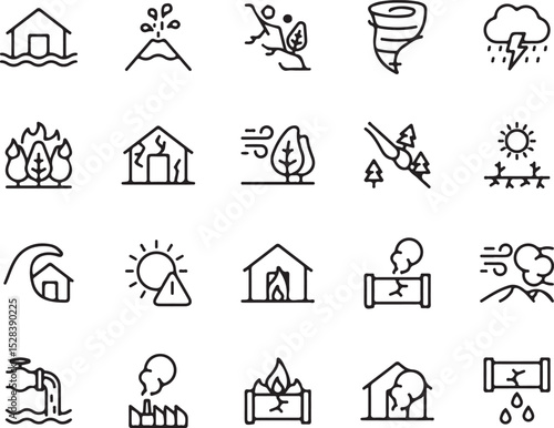 natural disaster, icon set, vector, illustration, design, black and white, outline, disaster, hazard, environment, nature, flood, volcano, landslide, tornado, storm, fire, wildfire, wind, drought, tsu