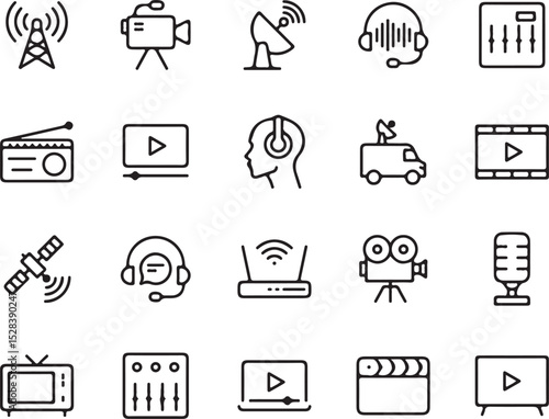 media, communication, icons, outline, set, collection, vector, illustration, broadcasting, television, radio, video, film, cinema, camera, microphone, satellite, antenna, headphones, audio, sound, mix