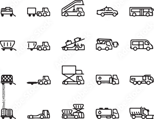 transport, vehicle, truck, transportation, equipment, airplane, airport, bus, van, taxi, cargo, baggage, fuel, tanker, firetruck, silhouette, outline, icon, set, collection, vector, design, illustrati