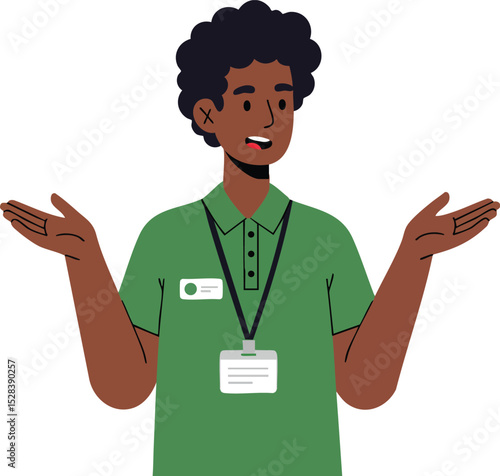Young man in green polo shirt shrugging shoulders with identification badges vector illustration 