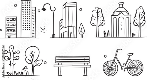 Cityscape Elements Doodle Set Hand Drawn Vector Illustration Buildings Trees Street Lamp Bench Bicycle Park Architecture Urban Design Sketches Isolated Clipart Collection for Web Banners Social Media