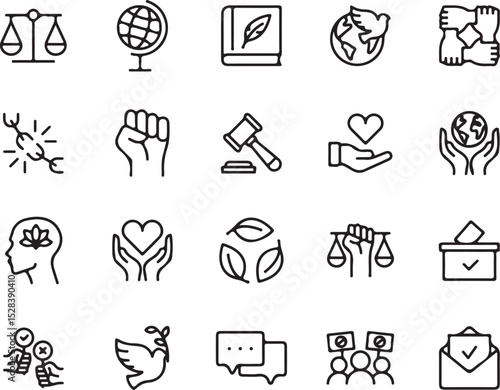 icons, icon set, line art, outline, vector, symbols, justice, peace, community, unity, equality, social justice, activism, democracy, world, globe, dove, hands, heart, law, gavel, balance, environment