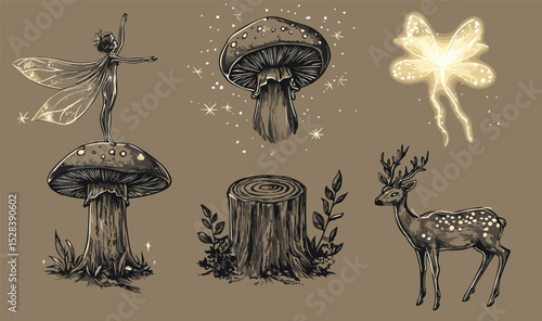 Forest fairytale vector set magic mushrooms fairy deer firefly tree stump mystical collection vintage monochrome elements for witchcraft tattoo design boho sticker esoteric and stickers
