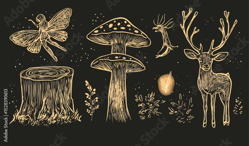 Forest whimsical set gold line art magic fairy mushrooms deer tree stump grass branches celestial esoteric boho mystical hand drawn vector illustration isolated on black background tattoo design