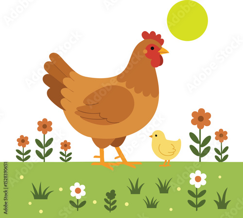 Brown hen with yellow chick walking on green grass with flowers under bright sun vector illustration 