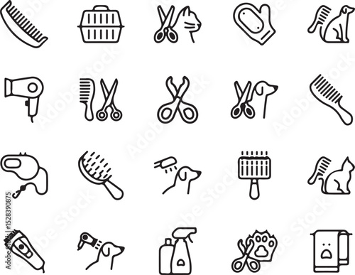 pet, grooming, care, pet care, dog, cat, grooming tools, scissors, comb, brush, leash, hairdryer, pet carrier, paw, towel, shampoo, line art, monochrome, vector, illustration, icon, set, collection, d