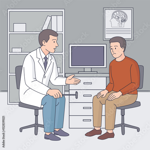 Illustration of a neurologist consulting a male patient in a medical office. Doctor-patient discussion with brain diagram on the wall. Professional neurology healthcare scene