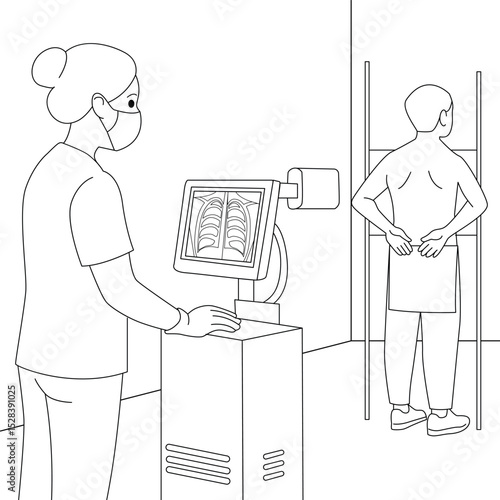Line art illustration of a radiologic technologist operating X-ray machine while male patient prepares for chest scan. Diagnostic procedure in hospital setting