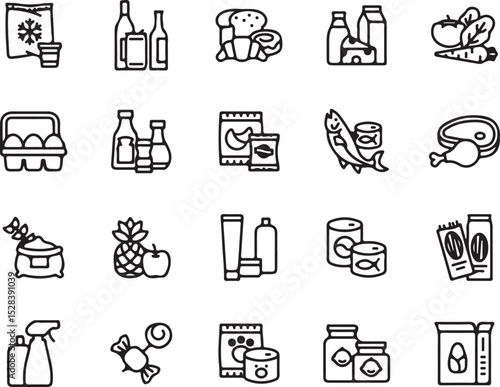 cleaning, icons, set, outline, minimalist, hygiene, equipment, tools, household, vector, illustration, design, cleaner, brush, bucket, spray, robot vacuum, dustpan, gloves, washing machine, trash, bro