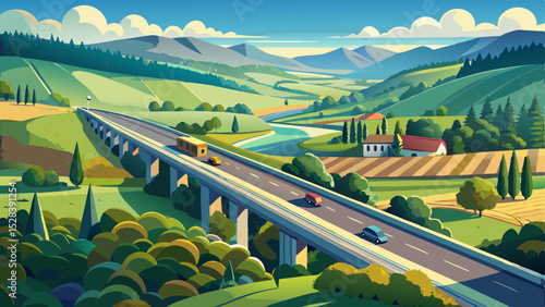 Stunning top-down drone footage capturing a straight highway passing through a lush green countryside, featuring a bridge connecting a rural road. The peaceful environment Very beautiful