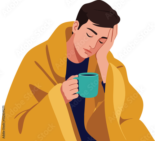 Sick man covered with yellow blanket holding blue cup feeling unwell and tired vector illustration 