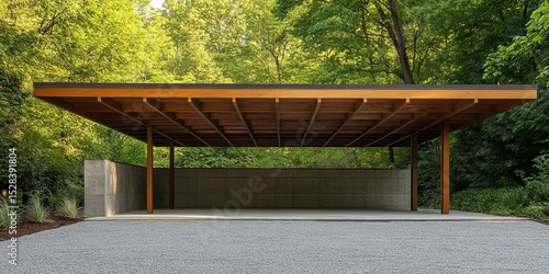 Large Wooden Carport with Concrete Walls and Aluminum Detail – Summer Greenery and Gravel Driveway