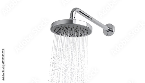 Chrome shower head with water flowing.