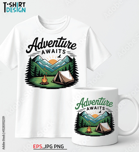Adventure awaits tshirt and mug design featuring camping scene in mountains