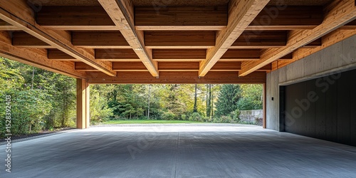 Large Wooden Carport with Concrete Walls and Aluminum Detail – Summer Greenery and Gravel Driveway