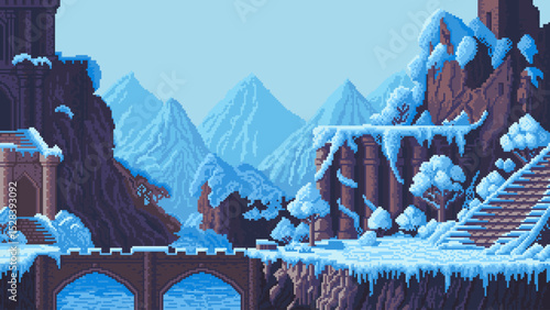 Winter Fantasy Pixel Art Landscape game level background with bridge and destroyed castle in mountains. Vector Illustration