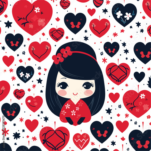 Charming Kokeshi Doll with Hearts Background - Vector Illustration for Design Projects
