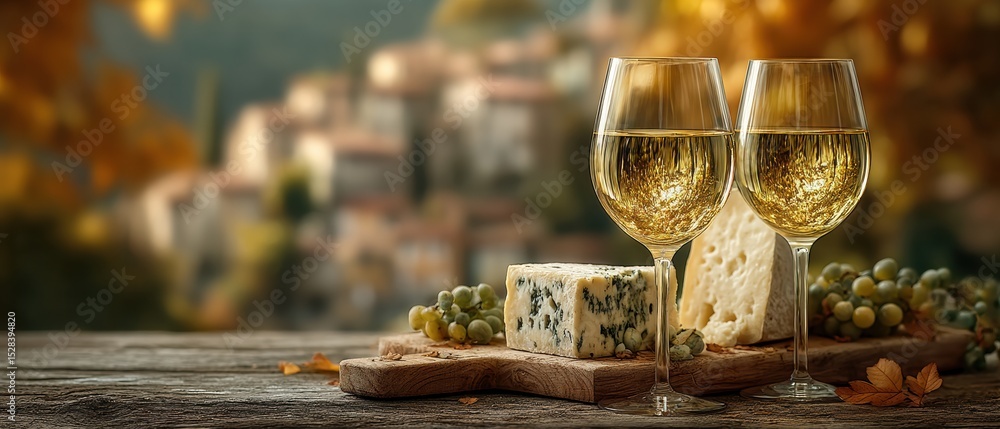 Fototapeta premium Elegant wine setting with tuscan village backdrop at golden hour