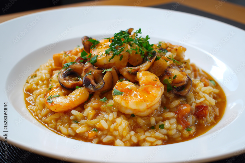 Haute cuisine dish, creamy rice with squid and prawns Haute cuisine dish, creamy rice with squid and prawns
