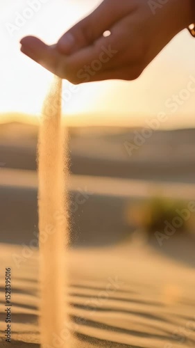 Hand releasing fine sand onto desert dunes during golden hour as granules fall creating abstract pattern