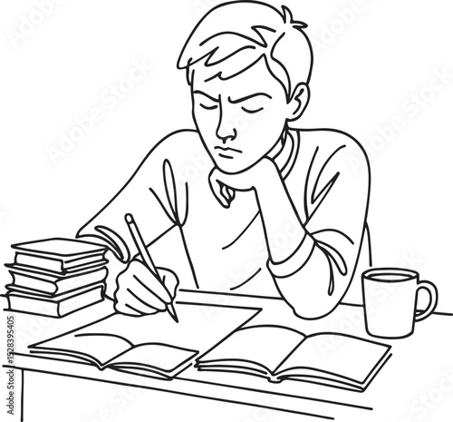 Studying Man: Focused student writing with books and coffee.