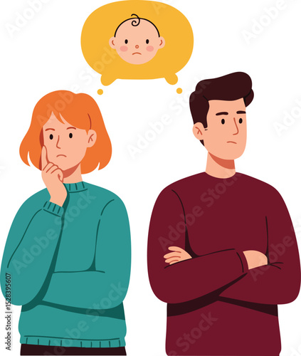 Couple facing relationship conflict thinking about baby concerns in modern family planning vector illustration 