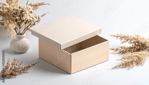 Beige Minimalist Wooden Box with Magnetic Lid and Dried Flower Decor
