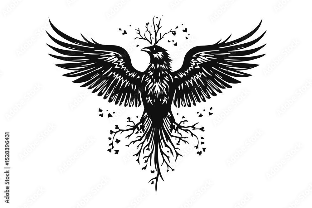 Obraz premium Majestic phoenix rising tattoo vector design silhouette isolated on white background