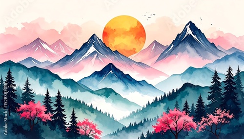 Sunrise Mountain Watercolor Landscape.