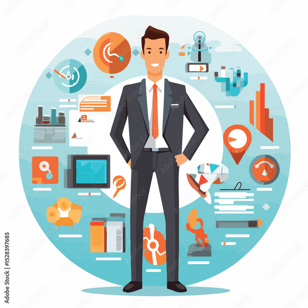 Professional Business Character with Diverse Icons Vector Illustration for Marketing Campaigns and Presentations Professional Business Character with Diverse Icons Vector Illustration for Marketing Campaigns and Presentations