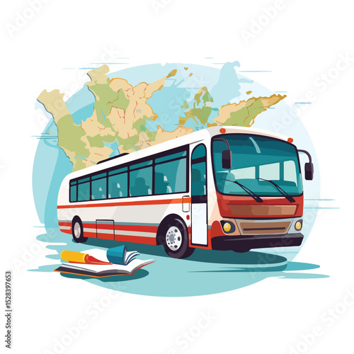 Travel essentials concept with bus, luggage, and guide book on world map background