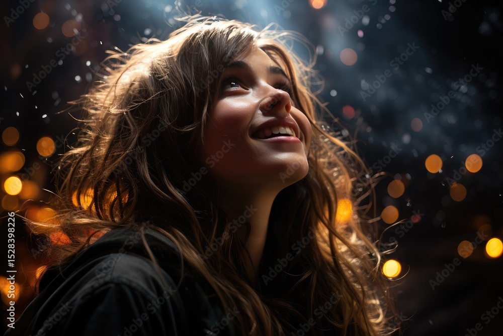 Naklejka premium The image captures a joyful young woman gazing upwards, illuminated by soft light and surrounded by bokeh effects, embodying happiness and a sense of wonder amidst a shimmering background.