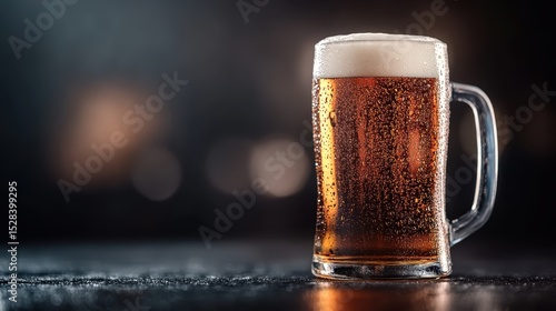 A chilled glass of beer, glistening with condensation, sits on a reflective surface, inviting drinkers to indulge in a delightful experience and a moment of relaxation.