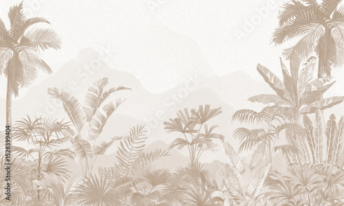 Aged Nature Wall Mural: Sepia Tone Palm Trees & Exotic Plants Background