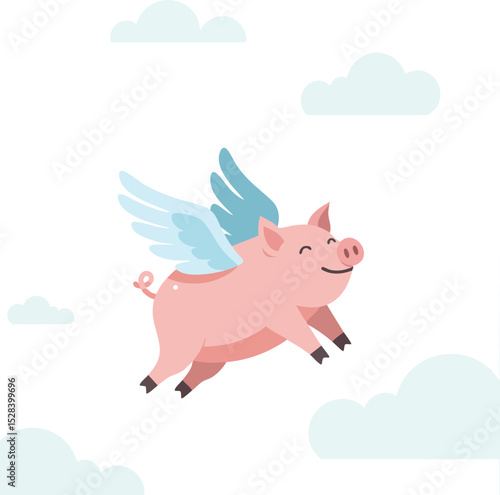 Flying pig with blue wings soaring above clouds in cartoon style vector illustration 